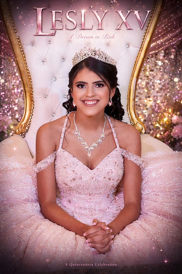 Lesly's quinceañera portrait on a gold throne, event photography by Daniel Ramos Studio
